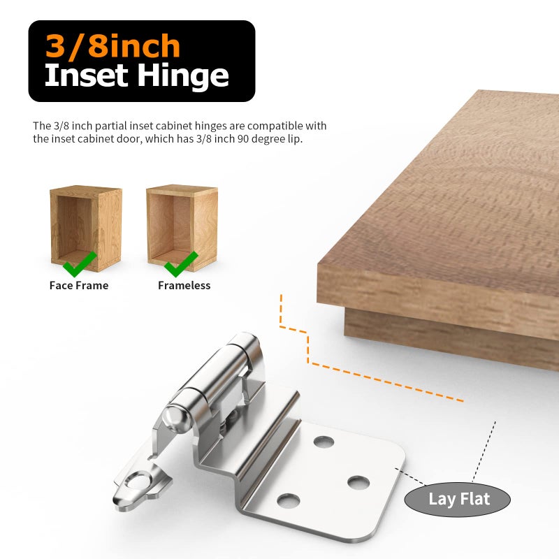 Chibery 3/8 Inch Inset Cabinet Hinges, 10 Pack Self Closing Flush Face Mount Hinges with Door Bumper, Variable Decorative Hardware for Bathroom, Furniture, Kitchen Cabinet Doors, Brushed Nickel - Image 3